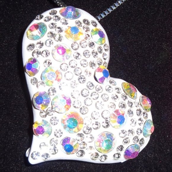 AB Crystals on White Enamel Heart Necklace or Pin - Picture 1 of 3